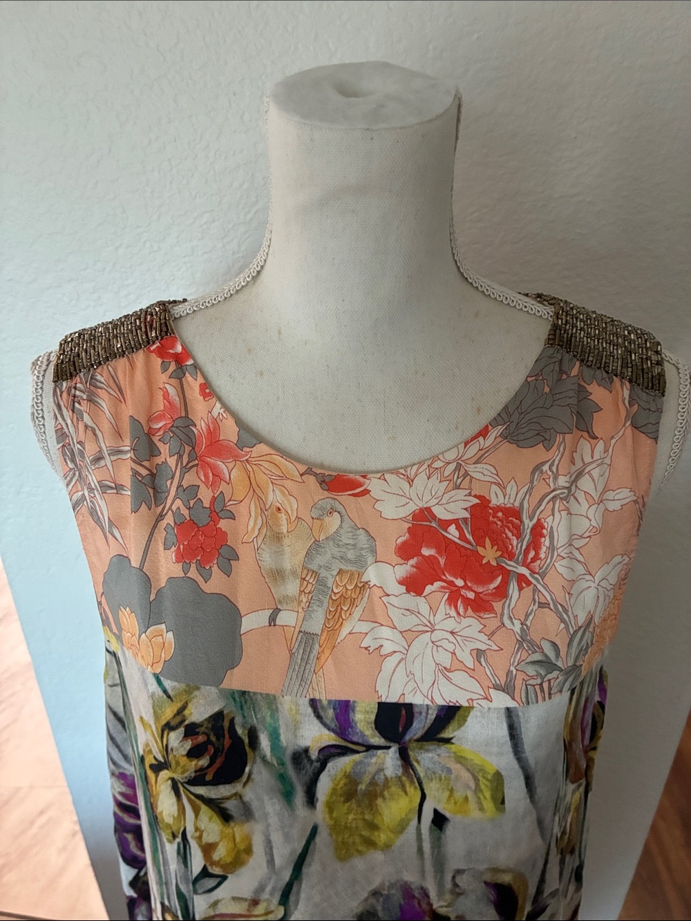 Dreis Van Noten Size 44 Floral Sleeveless Dress Beaded Shoulders Yellow Purple - Picture 6 of 15